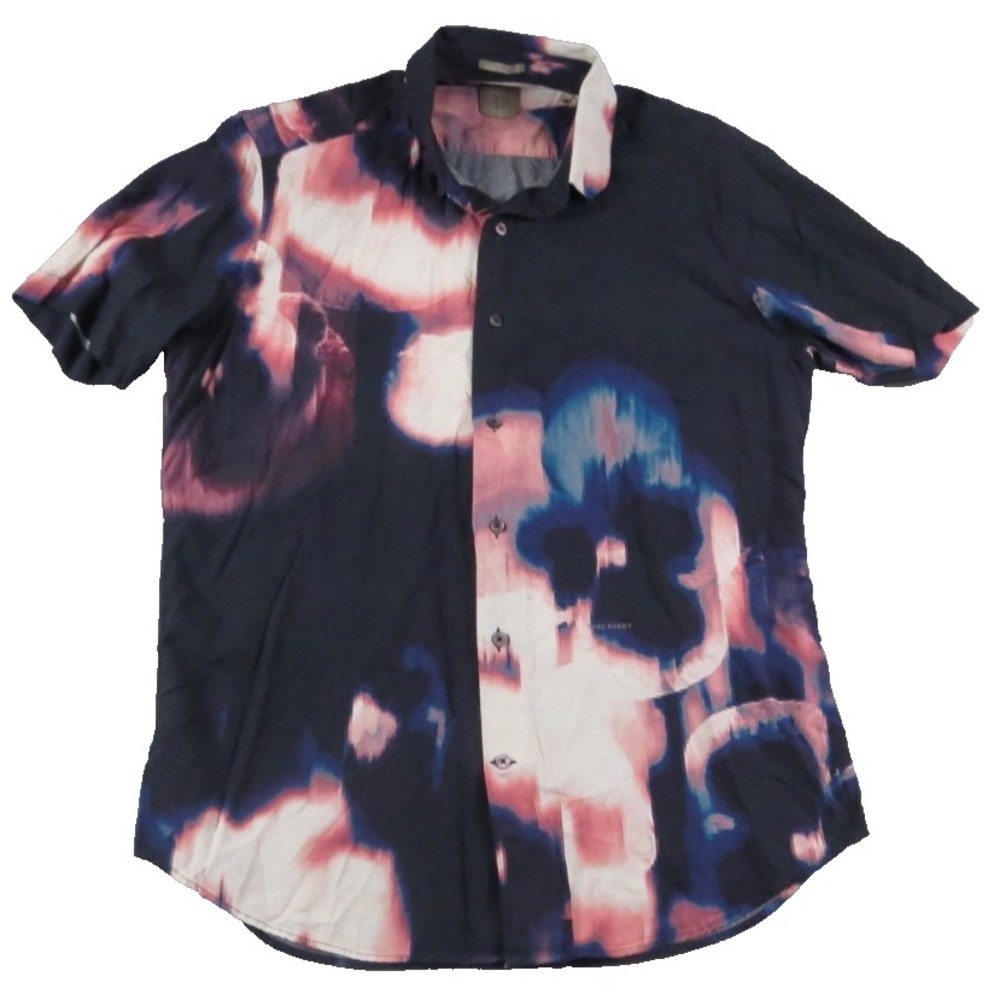 Rare Rabbit Torio Men M Navy Pink Abstract Viscose Short Sleeve Button Down Shir